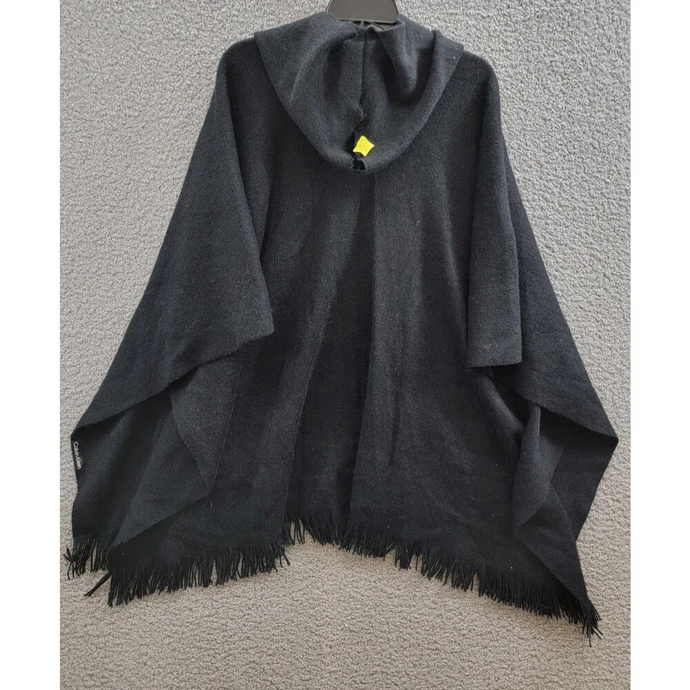 Calvin Klein Knit Hooded Cardigan Sweater Women's One Size Black Fringe Trim - Picture 9 of 15
